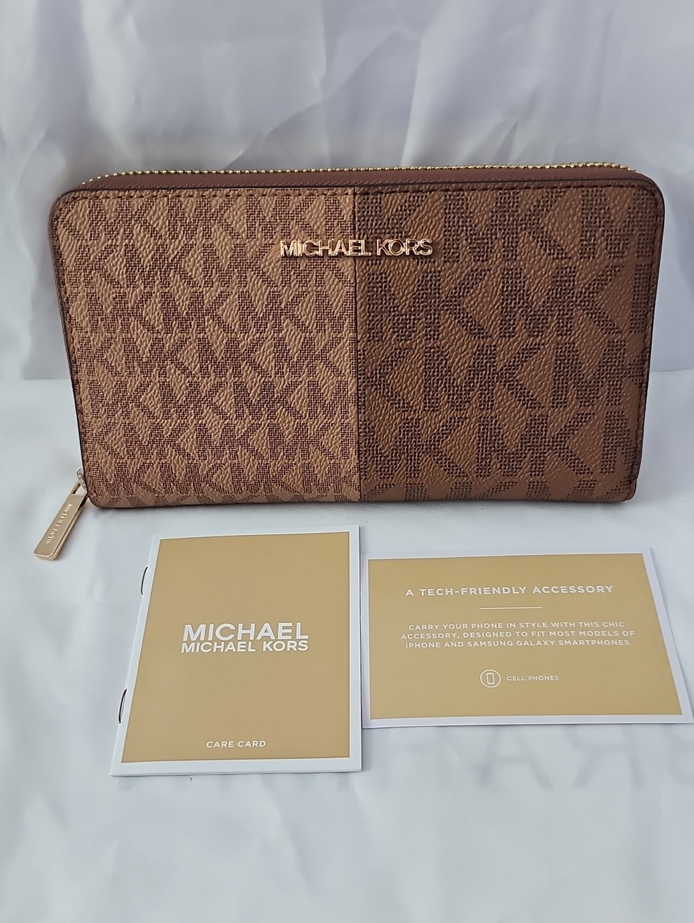 Michael Kors Brown MK Monogram Zip Wallet with Gold Hardware